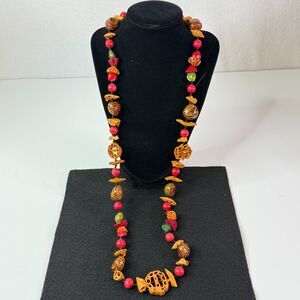 Vintage Seed Nut Pit Necklace | Made in Taiwan | Red Brown Green Earth Tones